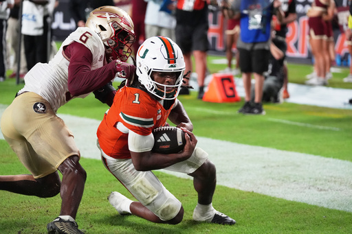 No. 3 Miami hangs on to beat Florida State, 43-35 in a double-overtime thriller